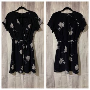 Lucky Brand | Black Floral Faux Wrap Short Sleeve Mini Dress